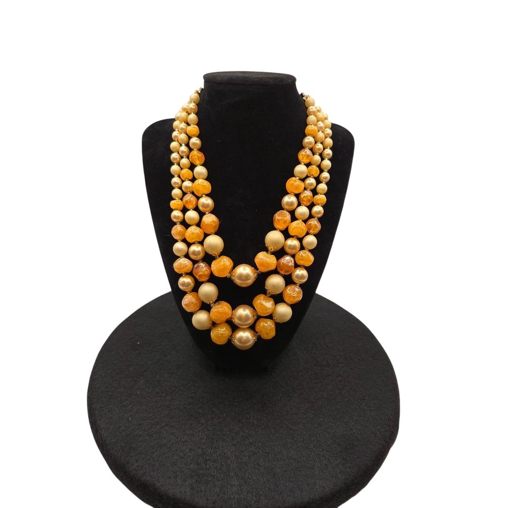 MoonGlow Orange & Faux Pearl Bead 3 Strand Necklace With Mixed Textures